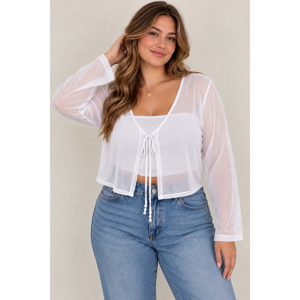 Dosieyeo XL White Sheer Mesh Bolero Tie Front Long Sleeve Y2K Layering Top